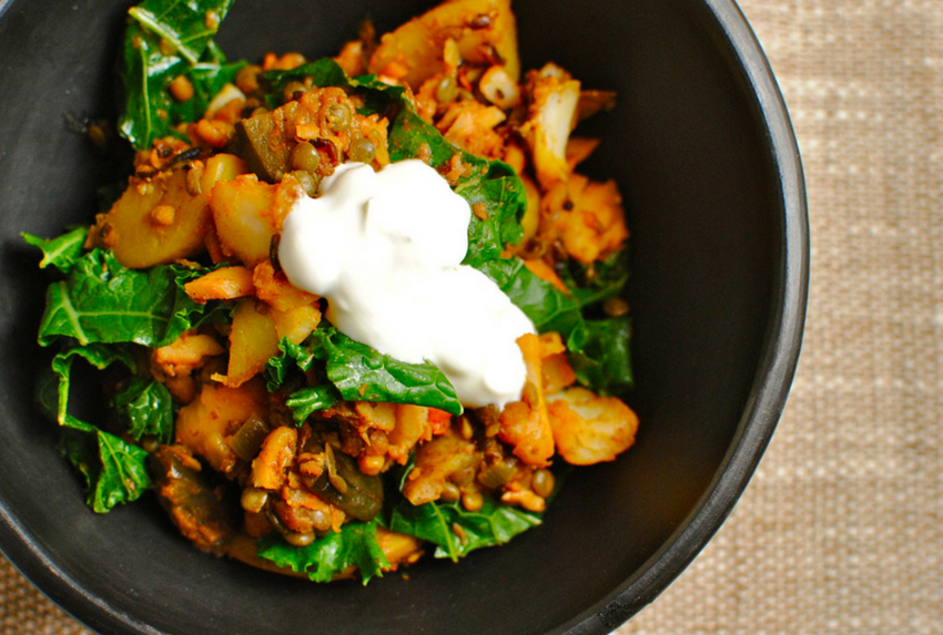 healthy family meals - tandoori lentil potato and eggplant hash